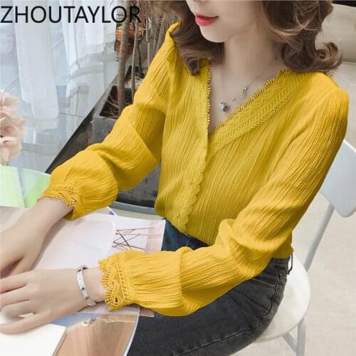 ZHOUTAYLOR Women Shirts V-Neck Full Sleeve Office Lady Slim Fit tops female Single Breasted Autumn New Blouses Femme S0658