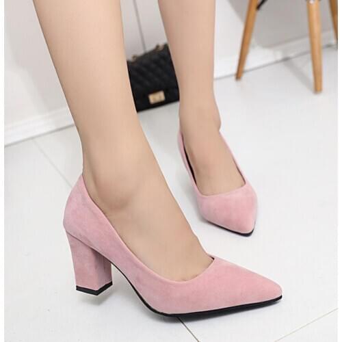 Spring 2021Women Suede High Heels Elegant Lady Plaza Heel Leather Shoes Office Shallow Pump Pointed Slip On Wedding Shoes Female