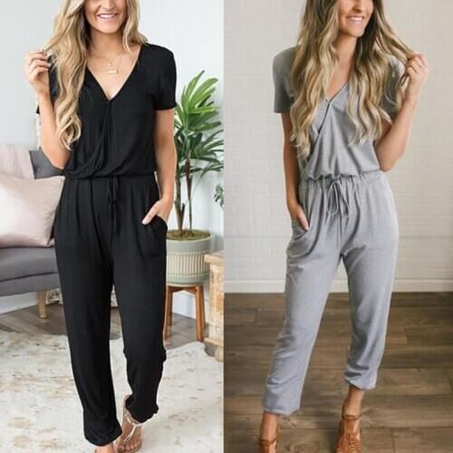 Sexy Short Sleeve Jumpsuit Women Long Romper 2020 Summer Lady Fashion Black Trousers Beach Jumpsuit Coveralls Sexy Female Frock