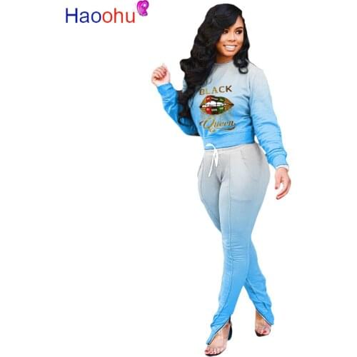 HAOOHU Women Matching Set Black Queen Lips Gradient Print Sweatshirts Jogger Pant Suit Two Piece Set Sport Tracksuit Outfit