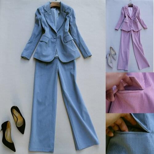 Retro Elegant Office Lady Corduroy Clothing Set High Quality Corduroy Suit Blazer and Wide Leg Pants One Set