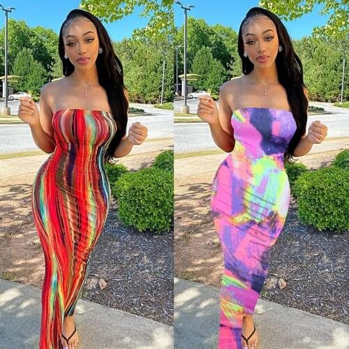 Echoine Sexy Strapless Long Midi Dress Women Tie Dye Print Skinny Fitness Party Dresses Party Night Vintage Elegant Vestidos