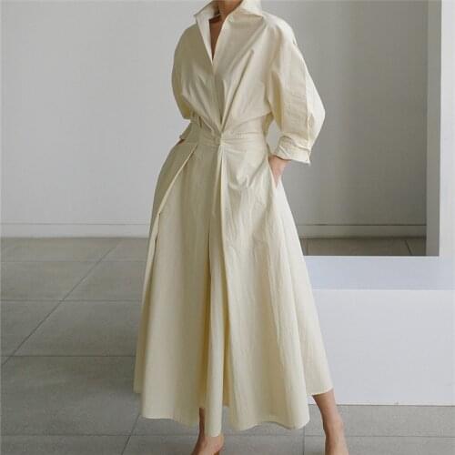2021 Korean Style Women Dress Elegant dress Loose Solid High Waist turndown collar long Sleeve Dresses woman white dress women
