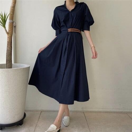 Blue summer woman dress V Neck High Waist Korean style dresses women puff Sleeves Side Split vestidos 2021