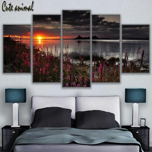 5 pcs 5D Diy Diamond Painting Lake sunset landscape Full Square 3D Diamond Embroidery Cross Stitch Needlework Home Decorative