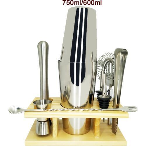 Bar Set - 10 Piece Cocktail Martini Shaker Set with Organizer Stand and Accessories - 750ml/600ml/450ml Shaker