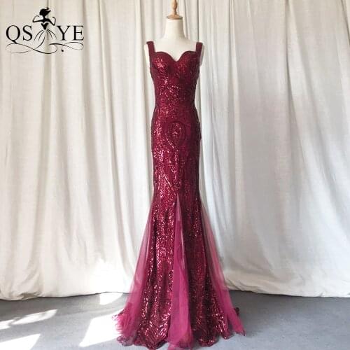 Sequin Burgundy Evening Dresses Shoulder Straps Mermaid LongProm Gown Glitter Elegant Party Dress Pattern Lace Formal Dress 2021