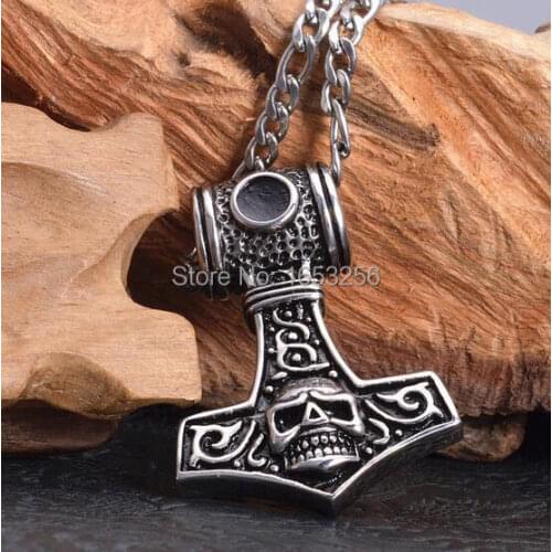 Black 316L Stainless Steel Biker Skeleton skull Thor Hammer Pendant NK Curb Chain chain Necklace Mens Gothic Gifts 22