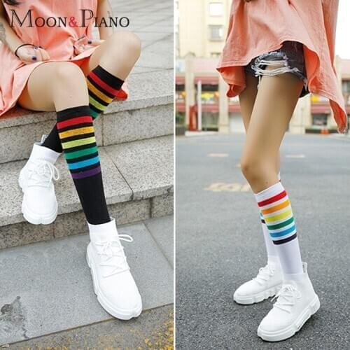 Sports Knee Long Cotton Stockings School Girls Fashion Colorful Rainbow Stripe Winter Warm Trend Leg Hiphop Skateboard Stockings