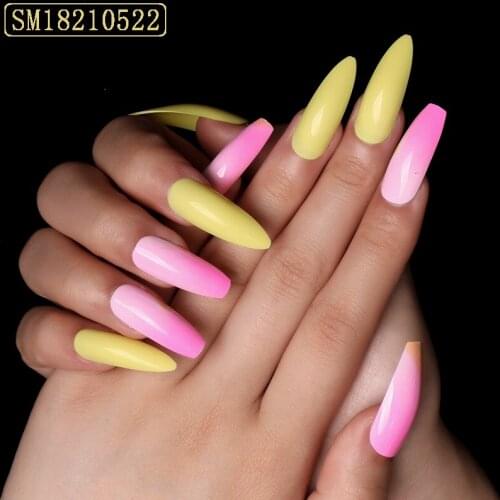 Fake Nails Long Pink Yellow Stitching Wear-Resistant Nail Stickers Finished Nail Stickers 24 Nail Stickers With Glue