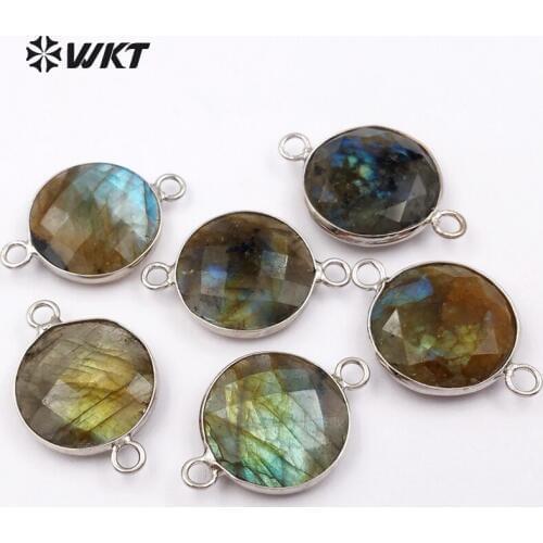 WT-C239 Mysterious Round Shape Faced Bracelet Connector Classic Labradorite Silver Electroplated Connector About 16MM