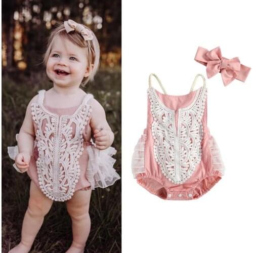 Baby Girls Summer Sleeveless Romper Embroidery Round Neck Jumpsuits Mesh Hem Bodysuit With Hair Band Bay Bodysuits