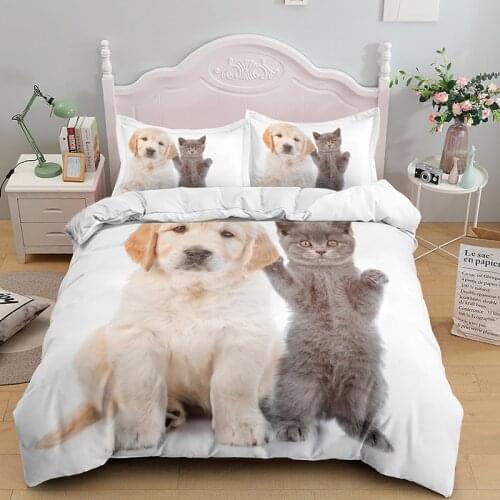 Cats And Dogs Bedding Set Animal Cute Comforter Fashion 3D Print Luxury Duvet Cover Set Home Textile Queen King Single Size Gift