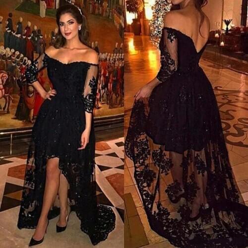 Off the Shoulder Lace Black Evening Dress High Low Plus Size A Line Prom Dress robes de soirée