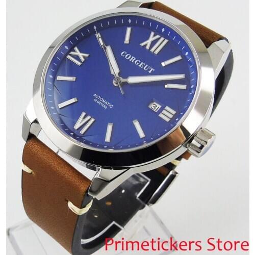 CORGEUT 41mm blue dial sapphire glass date roman numerals automatic mens watch luminous
