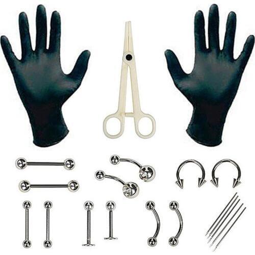 Hot 20pcs / Set Piercing Jewelry Needles Kit Sex Belly Tongue Eyebrow Nipple Lip Nose Disposable Piercing Jewelry Tool Sets