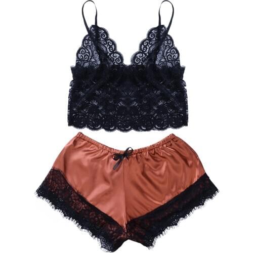 New Women Sleevele Pajama Sets Lacess Strap Top Satin Short Camisole Sets Sexy Sleepwear Lace 2Pcs Pajamas Set