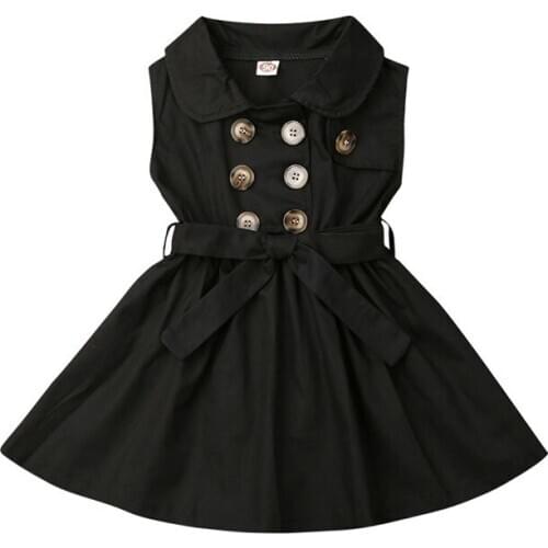 Toddler Baby Girls clothes Sleeveless Bandage solid turn-down collar zipper Button Princess Party cotton Dresses one pieces