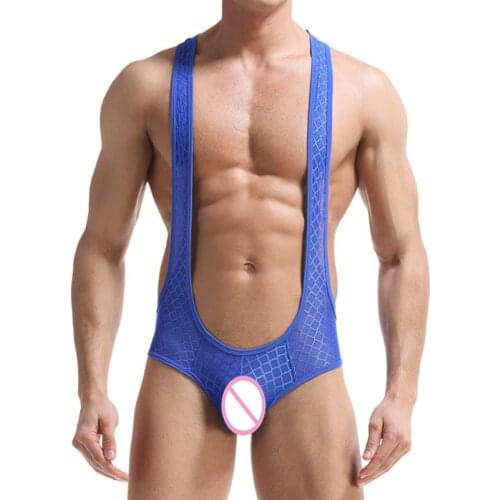 Sexy Mens Lingerie Bodysuit Mens Singlet Body Building Mesh Plaid See Through Exotic Teddies Shapewear Sex Costume Set Leotard