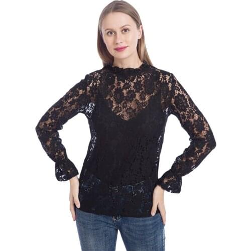 Spring Autumn Women Blouses Fashion Flare Sleeve Hollow Ladies Tops Vintage Trend Women Print Shirts Round Neck Shirts Femme