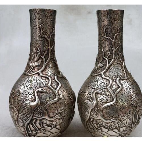 Antique Old 18C Silver vase,a pair of carve cranes bottle,hand crafts,best collection&adornment,free shipping