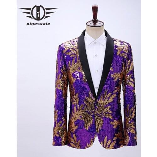 Stylish Leaves Pattern Blazers For Men Purple Blue Green Sequins Suit Jacket Party Wedding Banquet Nightclub Singers Blazer Q584