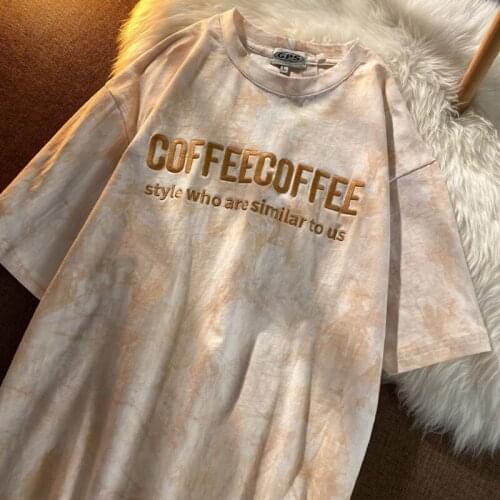 Summer New Women Short Sleeve Round Neck Loose Oversize Cotton T Shirt Stylish Tie Dye Letters Print Casual Tops Camiseta