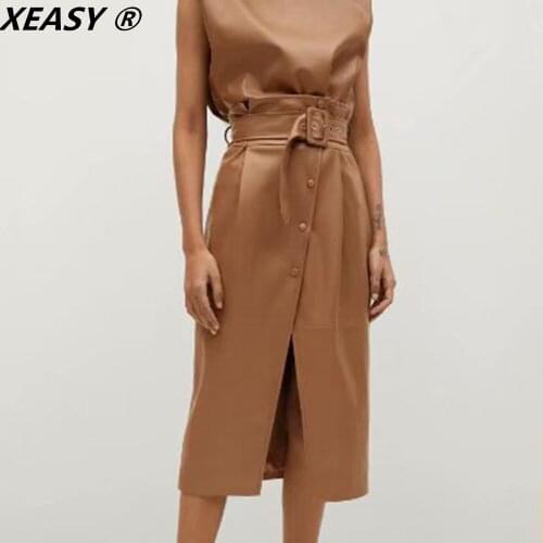 XEASY 2021 Women Fashion Brown Leather Midi Skirt Vintage High Waist Belt Sashes Front Split Sexy Female Autumn Elegant Skirts