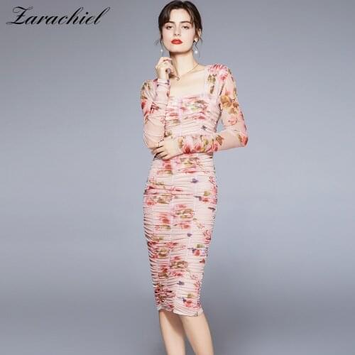 Runway Autumn Sexy Sheath Flower Dress Women Long Sleeve V Back Pink Floral Print Mesh Ruched Bodycon Party Evening Vestidos