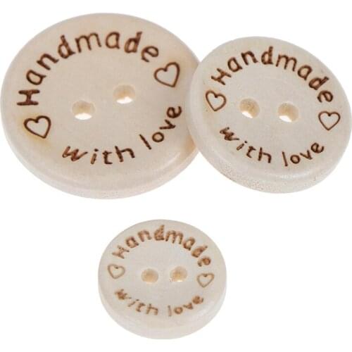 50pcs Handmade With Love Wooden Round Buttons With 2 Holes 3 Sizes -15/20/25mm