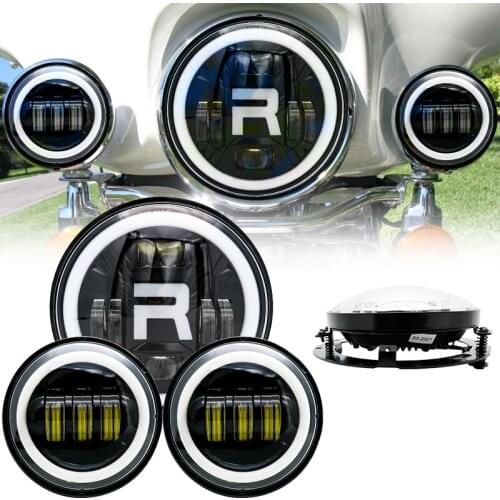 7" Black LED Projector Headlight 4.5" Fog Passing Light For Touring Electra Glide Road King Softail Night Train Bad Boy