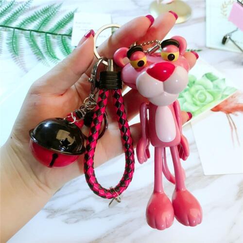 Cartoon PVC Pink Panther Keychain With Strap Metal Bell Leather Holder For Kids Girls Backpack Key Ring Pendant Christmas Gift
