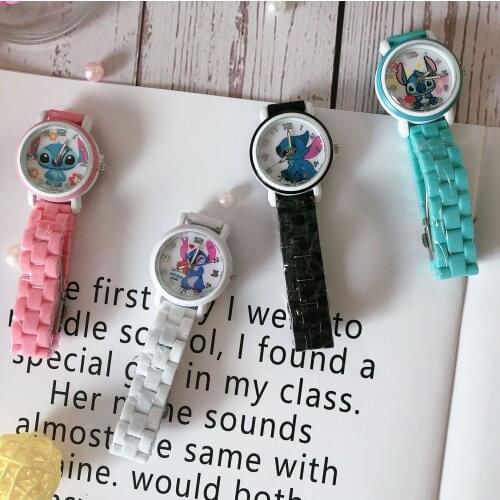 Disney stitch childrens watch Boy girl cartoon toy Imitation ceramics waterproof clock Action Figure Model Kids Cartoon Toy
