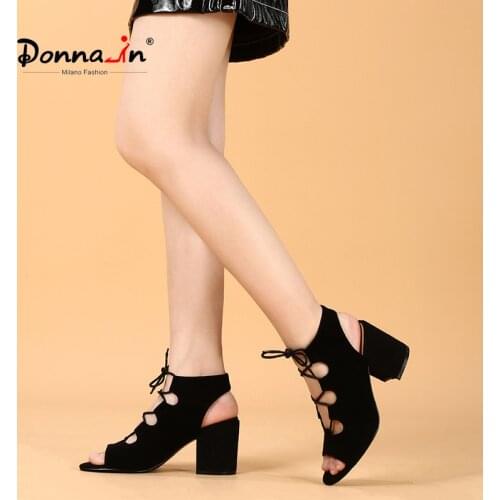Donna-in 2021 Summer Peep Toe High Top Sandals Woman Black Suede Lace up Gladiator High Heels Designer Lady Shoes Italian Style