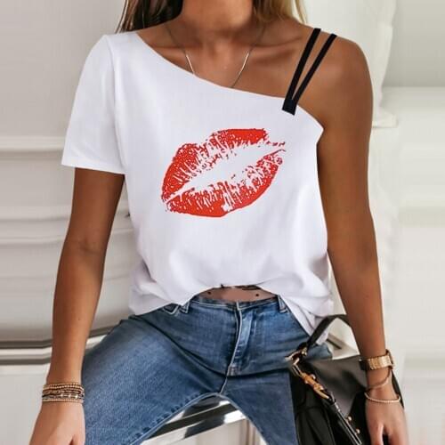 Women Sexy Red Lips Graphic T Shirt Off Shoulder Tops graphic tees Base O-neck Black Kiss Lip Funny Girls Tshirt Футболка #P5