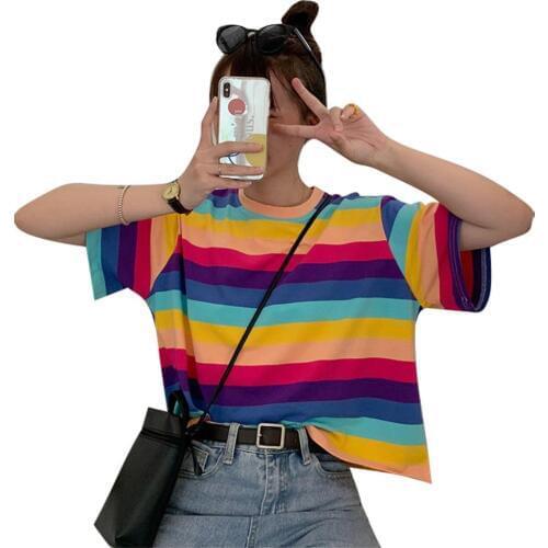 T Shirt Women Rainbow Striped Looss O-Neck Casual Harajuku Tshirt Short Sleeve Korean Fashion Camiseta Feminina Top T-shirt