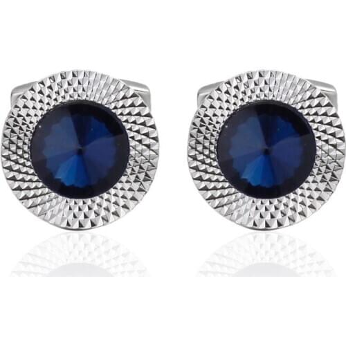 HYX Jewelry round Blue Crystal Brand Cuff Buttons French Shirt Cufflinks For Mens Fashion Cuff Links