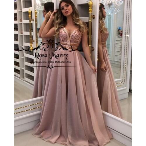 Sparkly Crystals Pink Cheap Prom Dresses 2020 A Line Illusion Plus Size Girls Pageant 2K20 Formal Evening Gowns Vestido De Festa