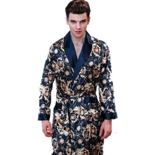 New Summer Satin Robes Male Dressing Gown Mens Long Sleeve Silk Print Pattern Bathrobe Leisure Kimono Home Men