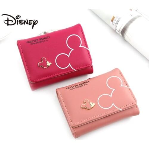 New Disney Personalized Womens Wallet Mickey Short PU Solid Color Multifunctional Durable Mini Cute Student Childrens Coin Pur