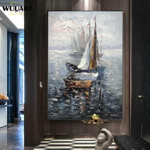 Handmade Knife Abstract Sailing Boat Oil Painting Wall Art Home Office Decoration Sea Scenery Painting On Canvas Hand Painted