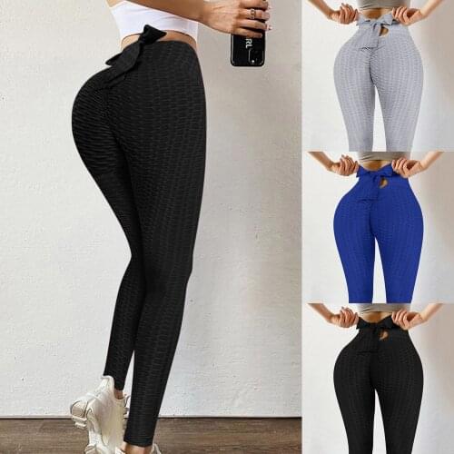 Solid Color Ribbed Womens Yoga Pants Sports Running Legging Bow Unique Design Fitness Elastic Trousers Womens Clothing Buttock