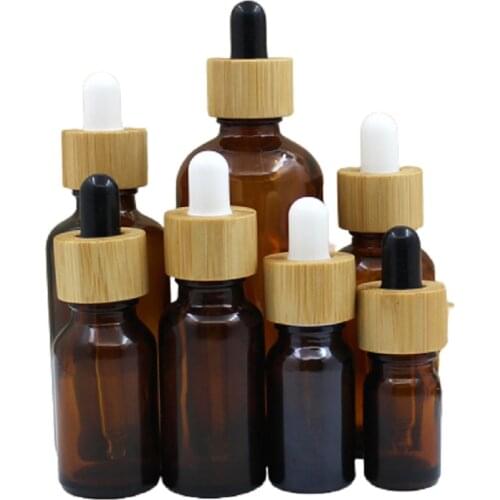 5ml -100ml Clear Brown Glass Essential Oil Dropper Pipette Vials Bamboo Wood Lid Cosmetic Packaging Refillable Bottle 15pieces