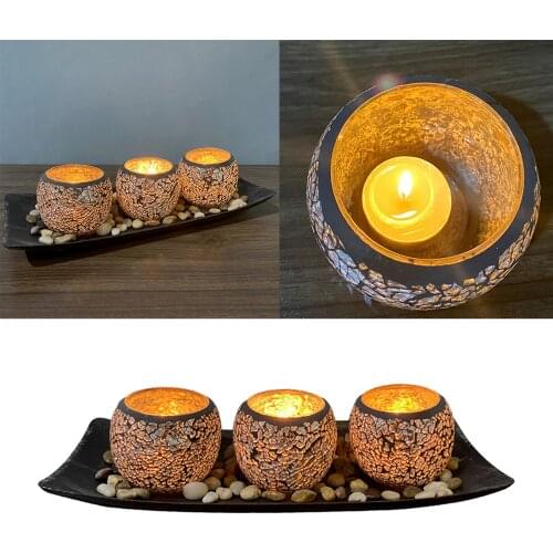 Candlestick Art Hollow Candle Holder 3pcs Vintage Candle Cups with Wooden Tray Office Desktop Home Decoration