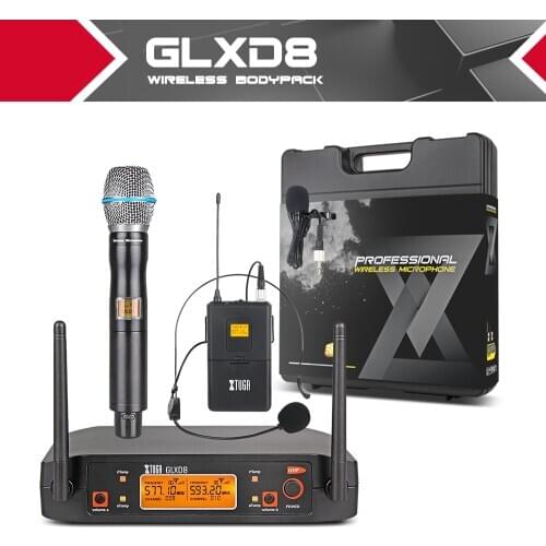 XTUGA GLXD8 Portable UHF Microphone System with carry case 1Boydpack1Handheld MIC BOX Cordless Wireless for Stage Church wedding