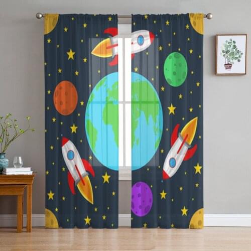 Planet Earth Rocket Stars Sheer Curtains for Living Room Bedroom Tulle Curtains Kitchen Window Treatments Panel Drapes