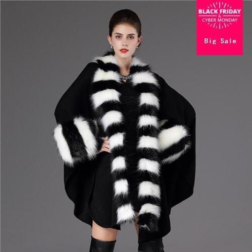 Autumn winter womens warm and fashion loose poncho causal cloak long knitted cardigan fake fox fur collar shawl coats L1244
