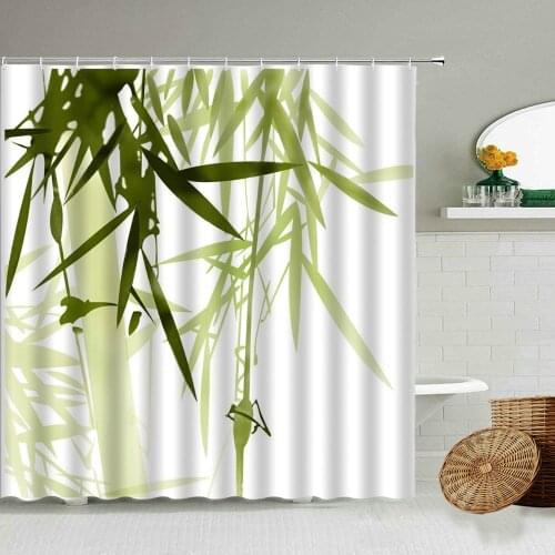 Green Bamboo Plant Landscape Pattern Shower Curtain White Background Simple Bathroom Blackout Waterproof Polyester Cloth Screen