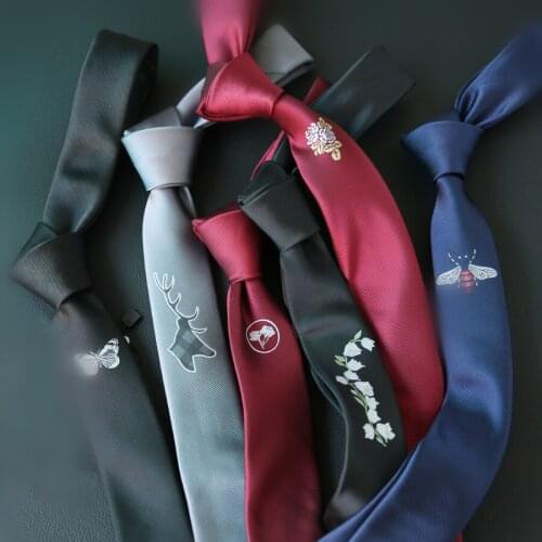 Embroidered Black Red Gray Positioning Tie Mens Embroidery Korean Versio British Narrow 5CM 6CM Trend Tie Accessories