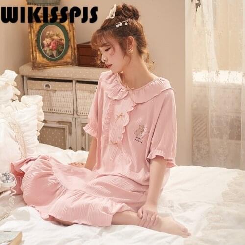 WIKISSPJS 2021 Summer New Cotton Short Sleeve Medium Length Dress Royal Princess Cartoon Sweet Pink Home Clothes Sleepwear Women